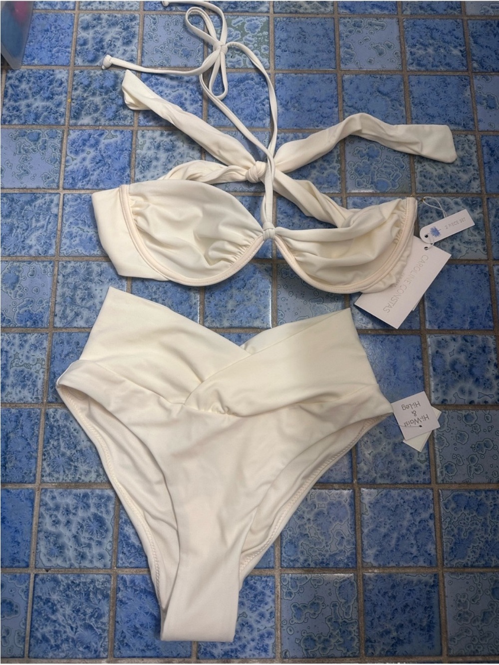 Caroline Constas Ivory Twist Halter Bikini Set